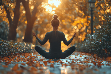 Canvas Print - A person stretching in a peaceful park, surrounded by nature. Concept of physical fitness and stress relief.