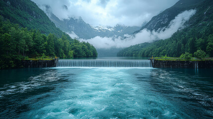 Wall Mural - Water cascading over a dam in a mountainous landscape.