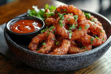 Wall Mural - Crispy Fried Onion Rings with Parsley and Spicy Sauce