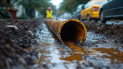 Close-up of a yellow drainage pipe in a muddy trench.