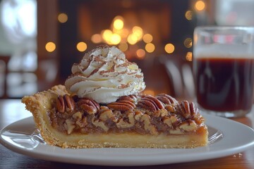 Wall Mural - A slice of pecan pie with whipped cream and a glass of coffee in the background