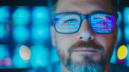 Canvas Print - Close-up of a man's face with code reflected in his glasses.