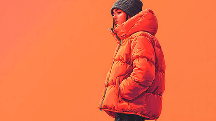 Sticker - A woman wearing a bright orange puffer jacket and a beanie stands against a solid orange background.