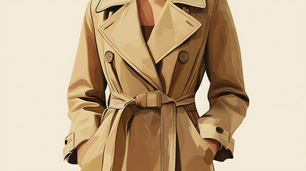 Sticker - Closeup of a woman wearing a classic beige trench coat.