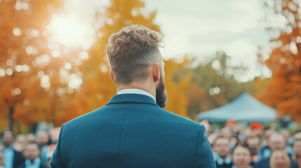 Wall Mural - A man in a suit looks out at a crowd in a park.