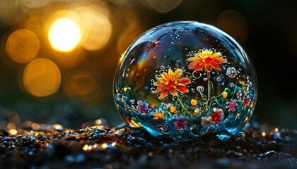 A close-up of a glass orb encapsulating vibrant flowers, resting on a textured surface. The background glows with soft, golden sunset hues, adding a magical and peaceful mood to the enchanting