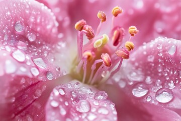 Canvas Print - Close up of a pink flower with water droplets. Macro photography of nature