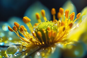 Sticker - Macro photography of a yellow flower with water droplets on petals, vibrant colors and details