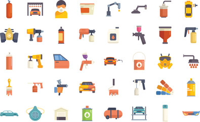 Poster - Variety of colorful icons depicting car painting services and equipment including cars, spray guns and respirators