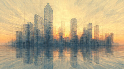 Wireframe cityscape at sunset with a reflection in the water.