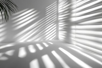 Wall Mural - Sunlight Streaming Through Blinds Casting Shadows on White Wall and Floor