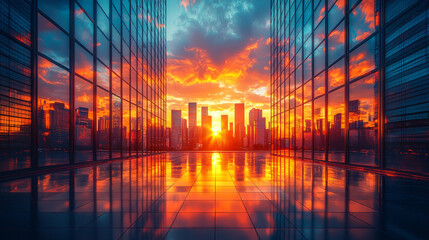 A city skyline reflected in the windows of a modern building during a stunning sunset.