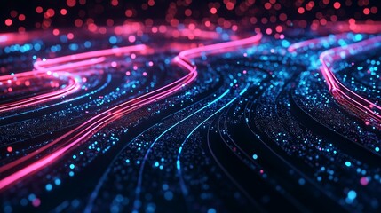 Poster - Colorful abstract digital landscape with glowing lines and particles creating a vibrant visual experience in a dark setting