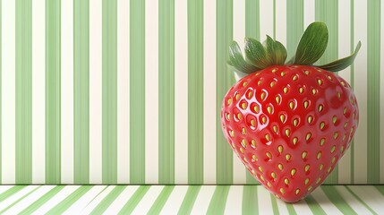 A single, ripe strawberry sits on a green and white striped surface.