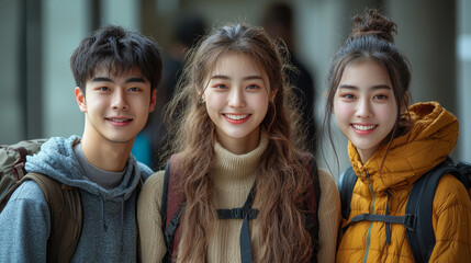 Three young friends stand together, smiling and looking at the camera.