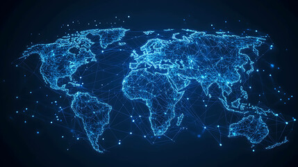 A glowing blue digital map of the world with connected lines.