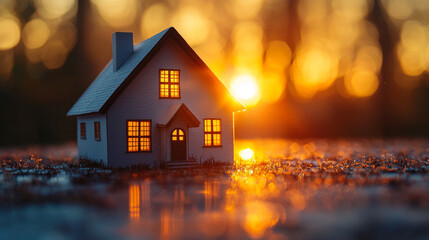 Sticker - A small house with lit windows stands in a field during a beautiful sunset.