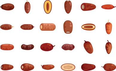 Poster - Set of dates fruit icons in flat style showing different sorts of dates, whole, halved, pitted