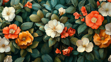 Close-up of vibrant white, orange, and red flowers amidst lush green foliage.