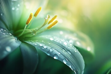 Canvas Print - Close up of a white lily flower with raindrops, green background, natural, fresh, beauty, delicate, delicate, floral, spring, summer, nature, macro photography