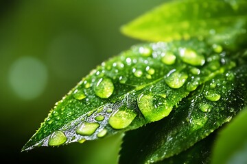 Wall Mural - Closeup of Dew Drops on Green Leaves