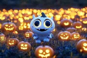 Poster - Spoopy eyeball monster with a friendly face, bouncing around in a field of glowing pumpkins