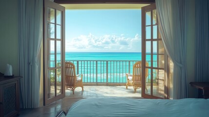 Wall Mural - A luxurious bedroom with French doors leading to a balcony overlooking the ocean.