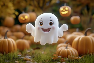 spoopy ghost with big eyes and a friendly smile floating above a pumpkin patch