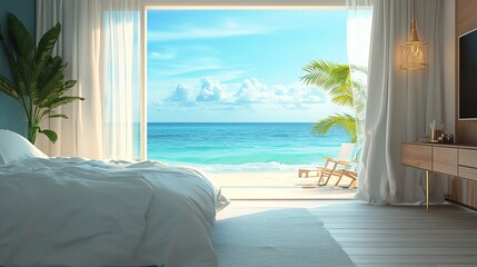 Wall Mural - A modern bedroom with a view of the ocean and beach from floor to ceiling windows.