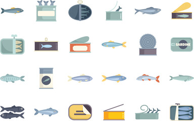 Sticker - This set of icons shows sardines in various settings, both whole and canned, making it perfect for any project related to seafood or fishing