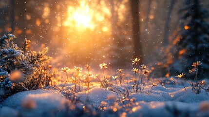 Canvas Print - Winter Wonderland: Sunlit Snow and Delicate Flowers