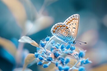 Canvas Print - Close up of a butterfly on blue flower in nature. Beautiful nature photography with a butterfly on a flower.