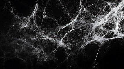 A close-up of intricate spider webs against a dark background, showcasing their delicate structure.