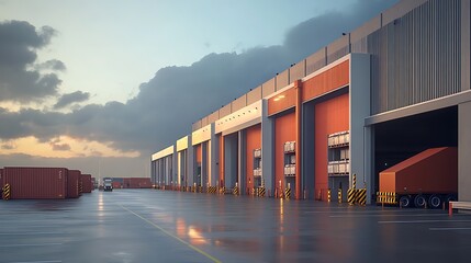 A modern industrial warehouse with loading docks and shipping containers.