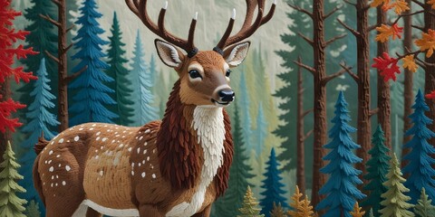 A detailed needlework depiction of a deer, intricately crafted from colorful wool, set against a textured forest background, emphasizing a cozy, hand-stitched aesthetic.
AI generated.