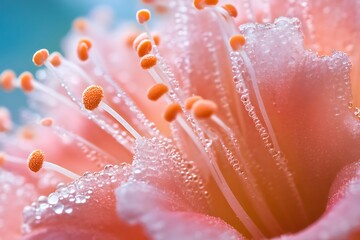 Sticker - Close up macro of a delicate pink flower with orange pollen and water droplets