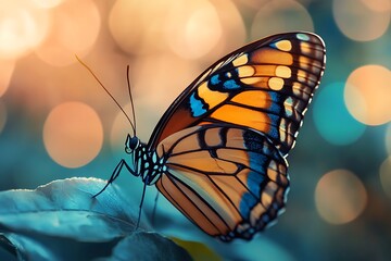 Wall Mural - Closeup of a Vibrant Butterfly on a Leaf with Bokeh Background