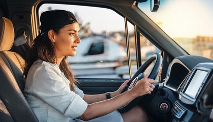 beautiful young woman driving van, AI generated