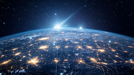 Sticker - Earth viewed from space at night, showcasing city lights and glowing lines symbolizing global connectivity.