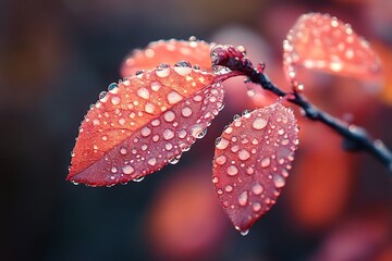 Sticker - Closeup of Dewdrops on Red Autumn Leaves, Nature Macro Photography