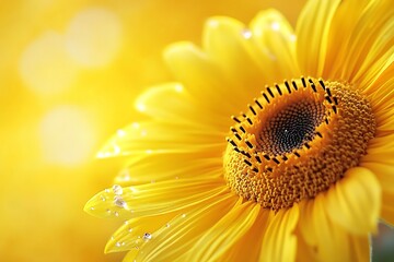 Wall Mural - Close up of a bright yellow sunflower with a blurred background of sunshine.