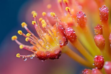 Wall Mural - Macro Photography of a Pink and Yellow Flower with Dew Drops