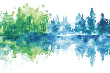 The lake Baikal mountains are silhouetted against the white background of the watercolor illustration. The blue forest is surrounded by fog. The landscape has islands in the water.