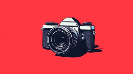 An illustration of a vintage camera on a red background.