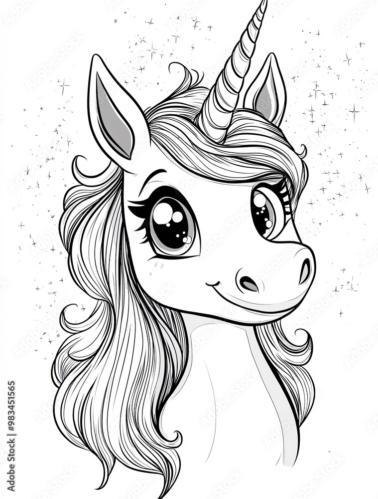 Cute cartoon unicorn face coloring page for kids with crisp lines and a ...