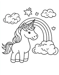 coloring page for kids, a cute unicorn with clouds and a rainbow, in a cartoon style with thick line