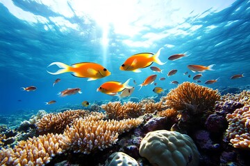 Coral reef teeming with life, with fish darting through the colorful corals and creating a lively, bustling scene