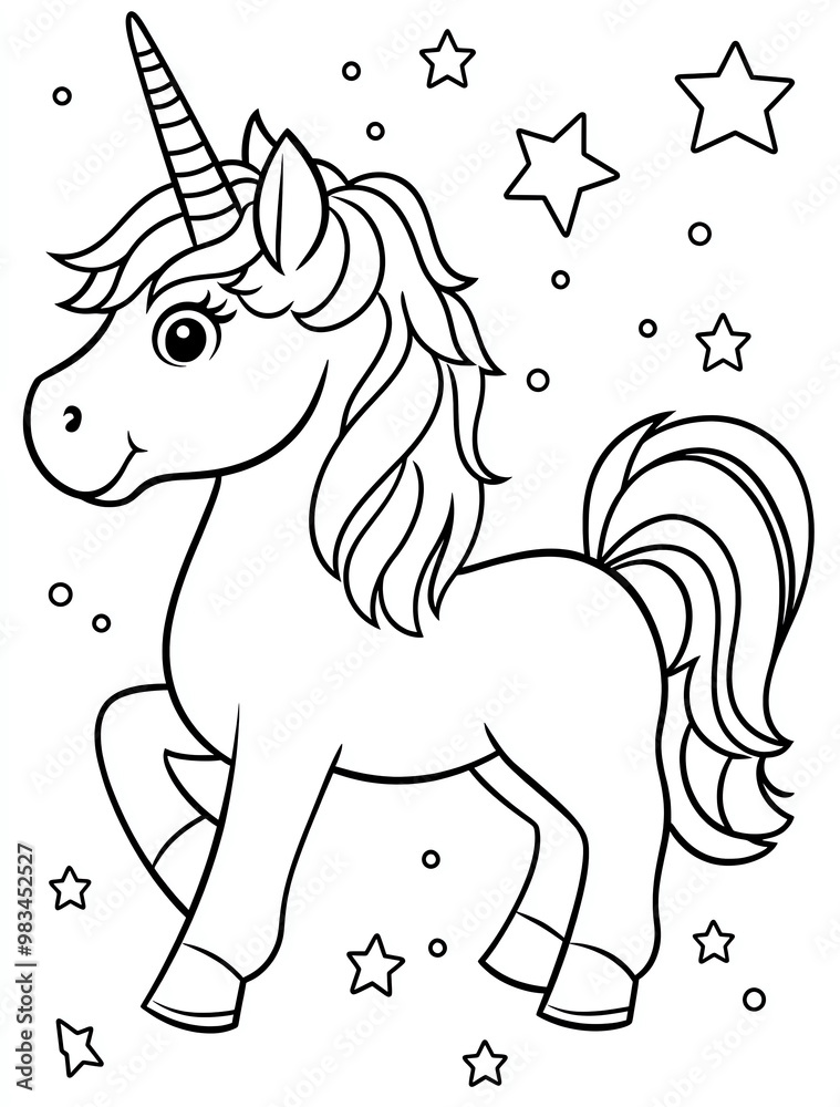 Coloring page for kids, a cute unicorn with stars in the background, in ...