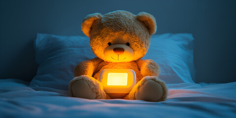 Wall Mural - A teddy bear adorned with a light, radiating a soothing glow that adds to its endearing presence.