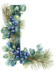 Wall Mural - A watercolor background with fir branches and berries and a place for text. A Christmas illustration suitable for greeting cards and invitations.